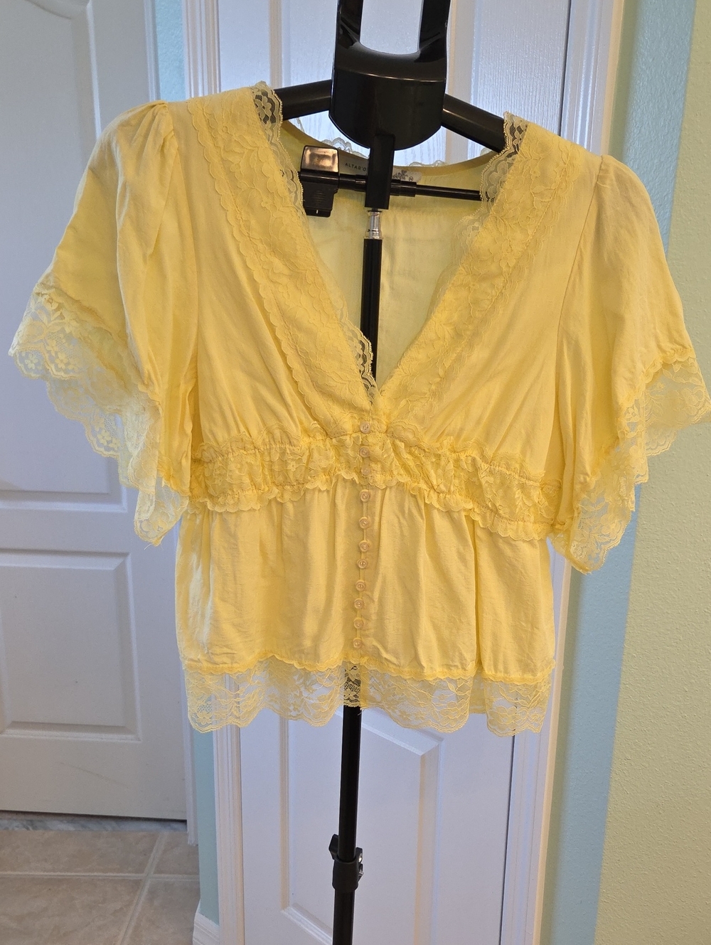 Altar'd State Light Yellow Lace-Trim Button Front Blouse